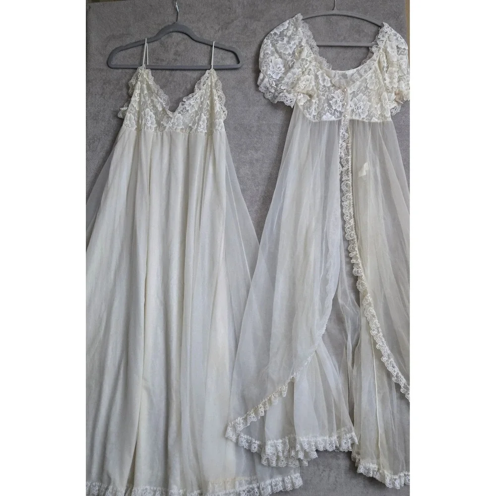 Vtg Tosca Nightgown Robe Peignoir Lingerie Set Sheer Lace Chiffon Medium Bridal